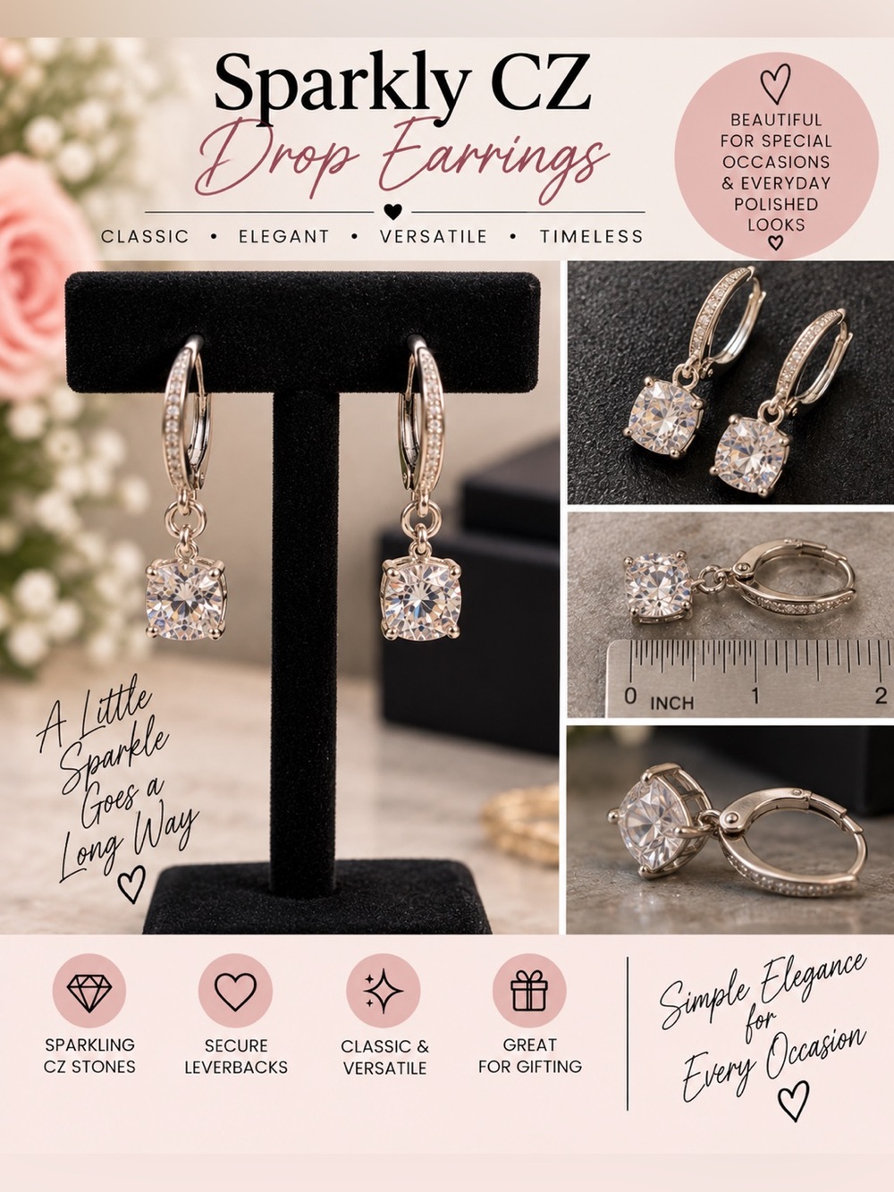 Sparkly CZ Crystal Drop Earrings, Lever back, beautiful for special occasions